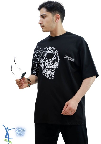 Bol Kesim Kuru Kafa Desenli Unisex T-Shirt Tişört Over Size T-Shirt Siyah fiyatları