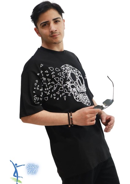 Bol Kesim Kuru Kafa Desenli Unisex T-Shirt Tişört Over Size T-Shirt Siyah modelleri