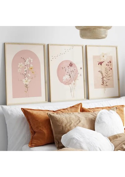 Mc Home Art Doğal Ahşap Çerçeveli Uv Baskı 3'lü Pembe Çiçek Desenli Tablo Seti – Modern & Şık Duvar Dekoru