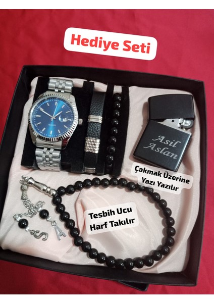 Özel Kutulu Hediyelik Erkek Kombin Saat Çakmak Tesbih Seti - 6044
