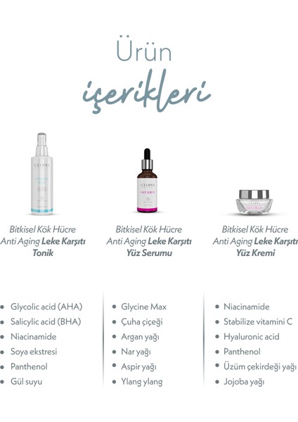 Leke Karşıtı ve Antiaging Bitkisel Kök Hücre Cilt Bakım Seti Hyaluronik Asit, Kolajen, Niacinamide fiyatları