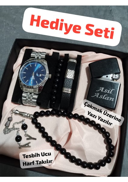 Özel Kutusunda Hediyelik Erkek Kombin Saat Çakmak Tesbih Seti - 6044