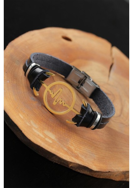 Gold Renk Metal Nabız Tasarım Siyah Renk Deri Erkek Bileklik
