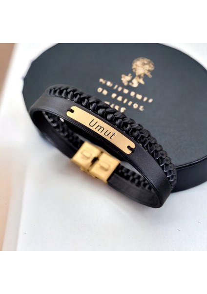 14 Ayar Plakalı Altın Umut Yazılı Dikdörtgen Motifli Hakiki Siyah Derili Hediye BILEKLIK-537ISIM