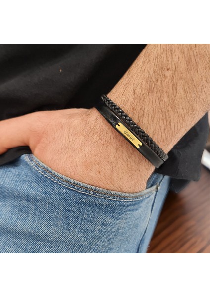 14 Ayar Plakalı Altın Umut Yazılı Dikdörtgen Motifli Hakiki Siyah Derili Hediye BILEKLIK-537ISIM fiyatları
