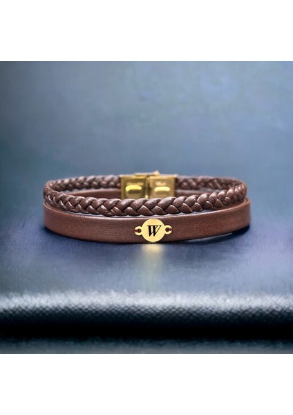 14 Ayar Plakalı Altın W Harfine Özel Kahverengi Derili Yuvarlak Motifli Hediye BILEKLIK-538HARF