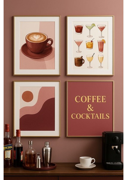 Mc Home Art Doğal Ahşap Çerçeveli Uv Baskı 4'lü Coffee Cocktails Tablo Seti – Modern & Şık Duvar Dekoru