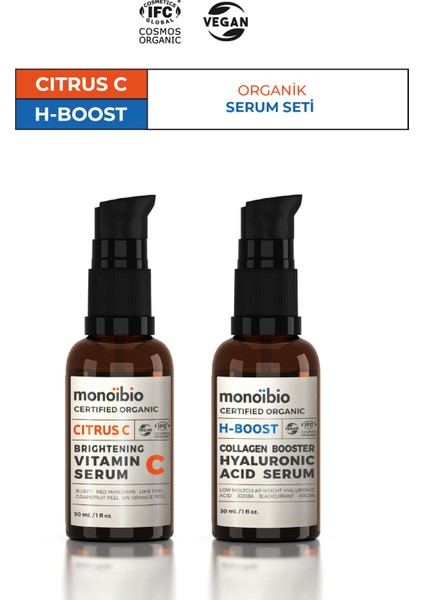 Organik Sertifikalı Hyalüronik Asit - Vitamin C Serum Seti - Vegan Gece Gündüz Serumu