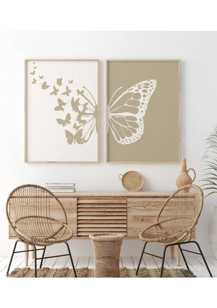 Mc Home Art Doğal Ahşap Çerçeveli Uv Baskı 2'li Soyut Kelebek Desenli Tablo Seti – Modern & Şık Duvar Dekoru
