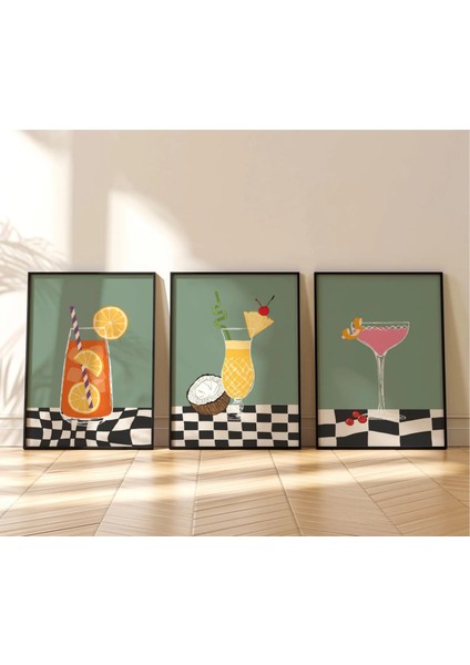 Mc Home Art Doğal Ahşap Çerçeveli Uv Baskı 3'lü Cocktails Tablo Seti Modern & Şık Mutfak Cafe Için Duvar Dekoru