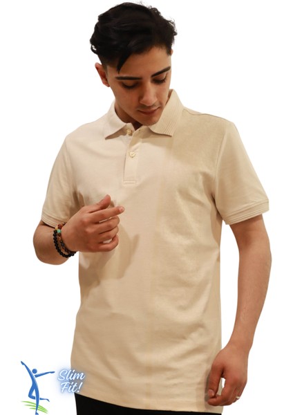 Erkek Slim Fit Dar Kesim Pamuklu Yumuşak Doku Nefes Alan Kumaş Kıvrılmaz Yaka Haki Polo Yaka Tişört Bej