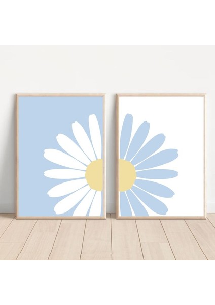 Mc Home Art Doğal Ahşap Çerçeveli Uv Baskı 2'li Mavi Papatya Desenli Tablo Seti – Modern & Şık Duvar Dekoru