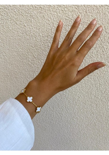 Sedef Taşlı Beyaz Çift Yönlü Yonca Van Cleff Orta Boy Çelik Bileklik indirimleri