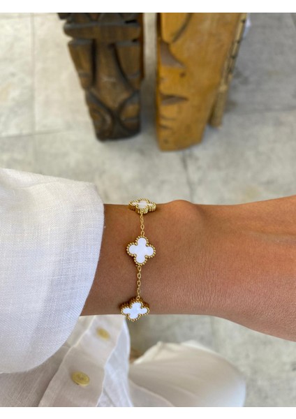 Sedef Taşlı Beyaz Çift Yönlü Yonca Van Cleff Orta Boy Çelik Bileklik