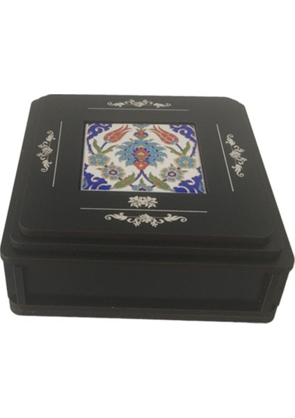 Siyah Ahşap Çini Desenli Takı ve Saat Kutusu, Şık ve Zarif Saklama Çözümü