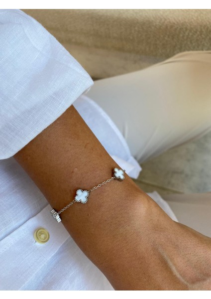 Sedef Taşlı Beyaz Silver Çift Yönlü Yonca Van Cleff Mini Çelik Bileklik