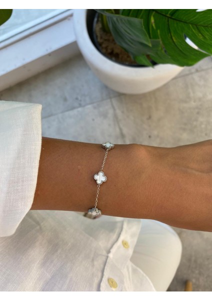 Sedef Taşlı Beyaz Silver Çift Yönlü Yonca Van Cleff Mini Çelik Bileklik fiyatları