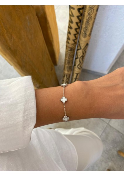 Sedef Taşlı Beyaz Silver Çift Yönlü Yonca Van Cleff Mini Çelik Bileklik modelleri