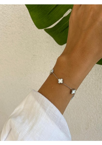Sedef Taşlı Beyaz Silver Çift Yönlü Yonca Van Cleff Mini Çelik Bileklik indirimleri