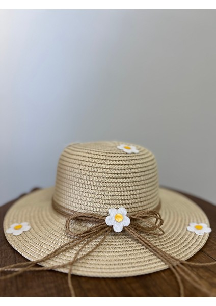 Yazlık Papatya Süslemeli Kız Çocuk Hasır Fötr Şapka 4-8 Yaş (48 Cm)