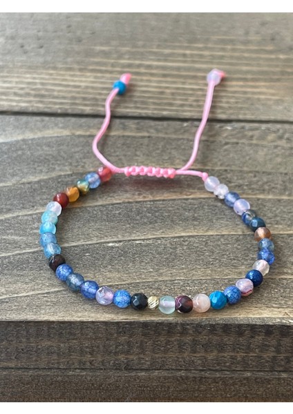 14 Ayar Altın Dorika Detaylı Rengarenk Doğal Akik Taşlı Zarif El Işi Altın Bileklik