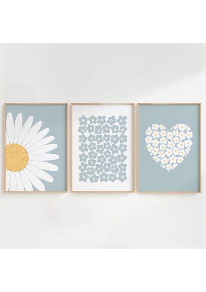 Doğal Ahşap Çerçeveli Uv Baskı 3'lü Mavi Papatya Desenli Tablo Seti – Modern & Şık Duvar Dekoru