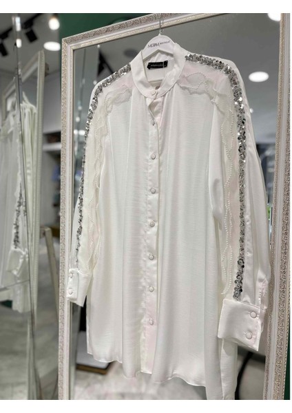 Selinada Saten Tunik Payet Çiçek Detaylı 3151 - Beyaz - 44