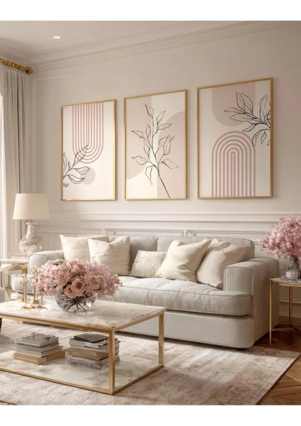 Mc Home Art Doğal Ahşap Çerçeveli Uv Baskı 3'lü Soyut Yaprak Desenli Tablo Seti – Modern & Şık Duvar Dekoru