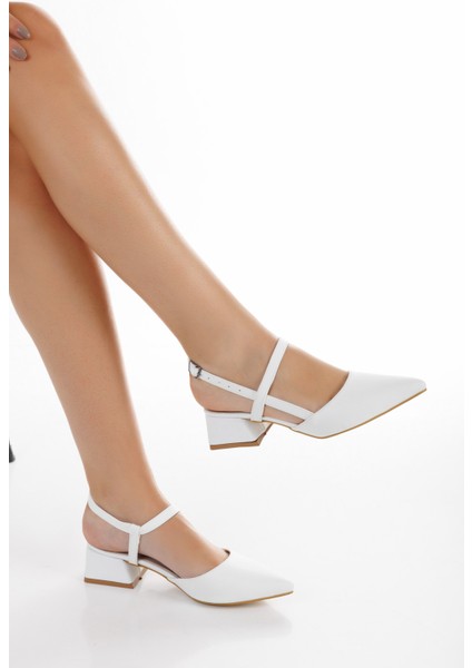 Kadın Beyaz Yeni Sezon Kısa Kalın Topuklu Ayakkabı Çapraz Model Günlük ve Özel Gün