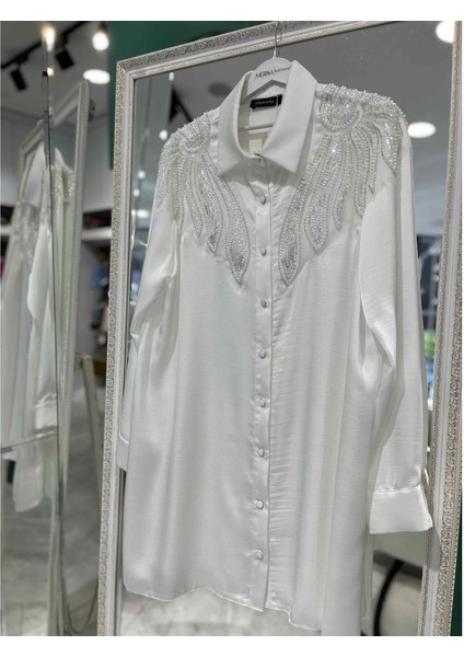 Selinada Saten Tunik Çift Omuz Boncuklu 3155 - Beyaz - 42