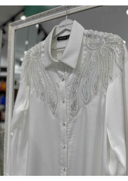 Selinada Saten Tunik Çift Omuz Boncuklu 3155 - Beyaz - 42 fiyatları