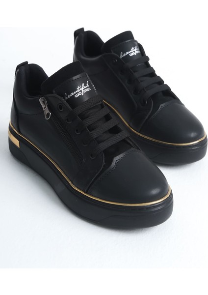 Jet-Dına Bağcıklı Fermuarlı Ortopedik Taban Kadın Sneaker Spor Ayakkabı Cst - Siyah/altın fırsatları