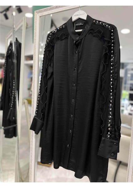 Selinada Saten Tunik Payet Çiçek Detaylı 3151 - Siyah - 44