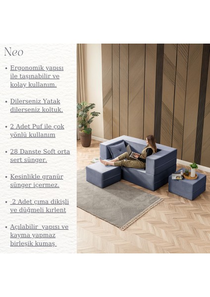 Neo Çift Kişilik Açılır Koltuk & Çift Kişilik Puflu & Uzanma Koltuğu & Silinebilir Çok Amaçlı