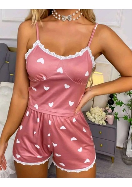 Likralı Şortlu Kalpli Dantel Kenarlı Pembe Pijama Takımı