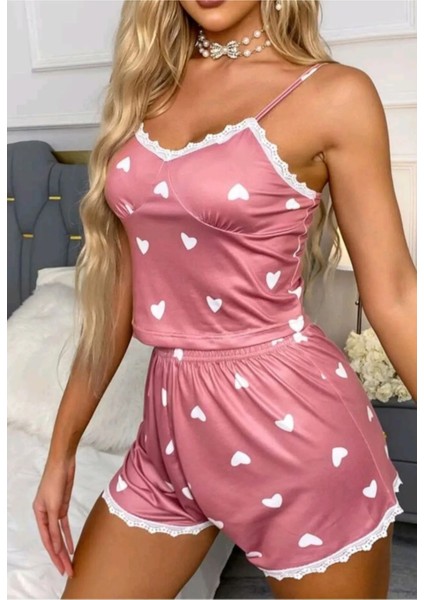 Likralı Şortlu Kalpli Dantel Kenarlı Pembe Pijama Takımı modelleri