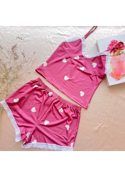 Likralı Şortlu Kalpli Dantel Kenarlı Pembe Pijama Takımı fırsatları