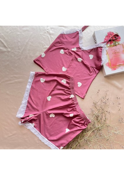 Likralı Şortlu Kalpli Dantel Kenarlı Pembe Pijama Takımı indirimleri