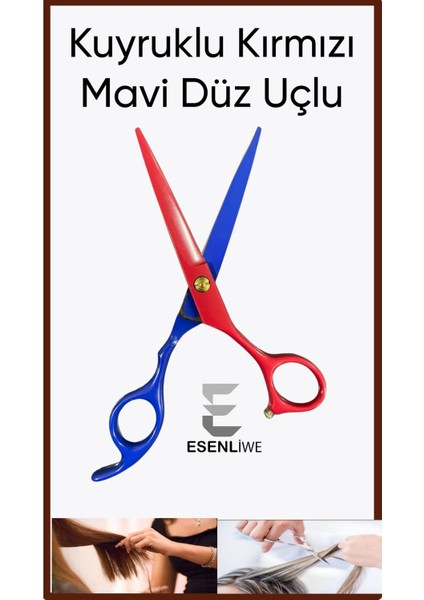 Kuyruklu Kırmızı Mavi 6 Inç Kuaför Imaj Makası Düz Uç Sağlam Kesim Aleti modelleri