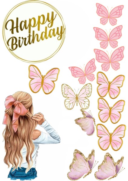 Kelebek ve Kız Yenilebilir Cupcake ve Pasta Resim Baskı