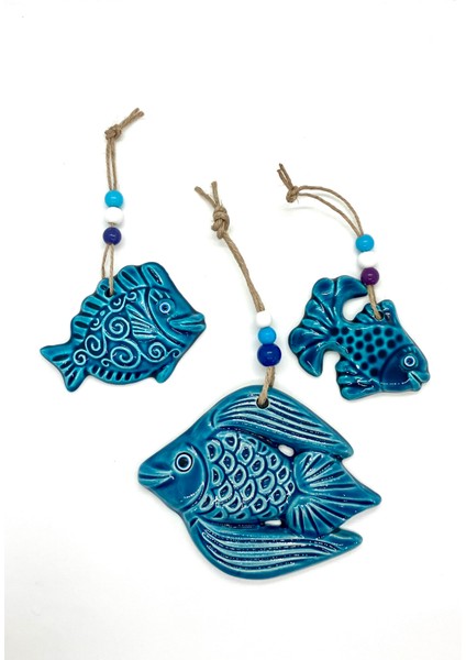 Seramik Balık Süsleri Mavi Balkon Duvar Bahçe Süsü Dekorasyonu 3’lü Set