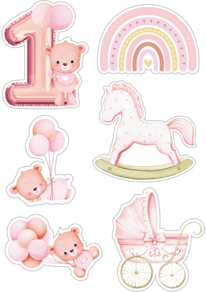 1 Yaş Pembe Yenilebilir Cupcake ve Pasta Resim Baskı