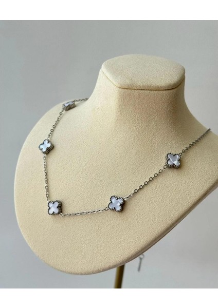 Taşlı Silver Beyaz Çift Yönlü Beş Yonca Van Cleff Mini Boy Çelik Kolye