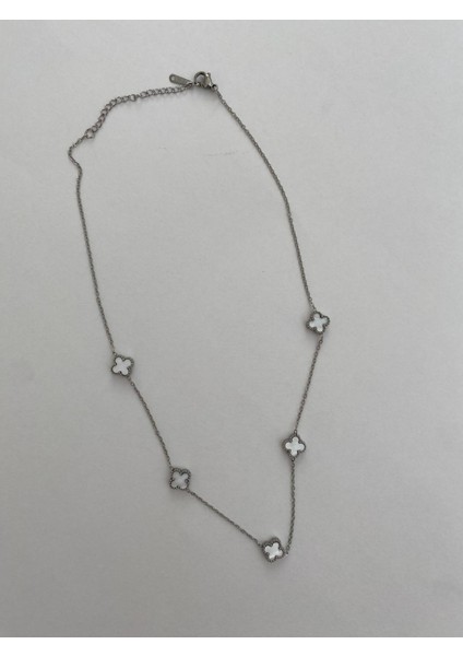 Taşlı Silver Beyaz Çift Yönlü Beş Yonca Van Cleff Mini Boy Çelik Kolye fiyatları