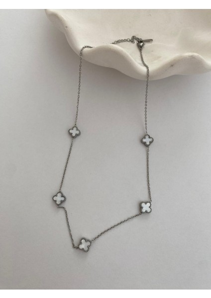 Taşlı Silver Beyaz Çift Yönlü Beş Yonca Van Cleff Mini Boy Çelik Kolye modelleri