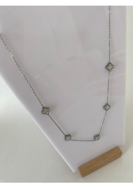 Taşlı Silver Beyaz Çift Yönlü Beş Yonca Van Cleff Mini Boy Çelik Kolye fırsatları