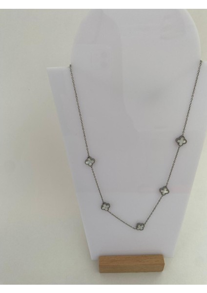Taşlı Silver Beyaz Çift Yönlü Beş Yonca Van Cleff Mini Boy Çelik Kolye indirimleri