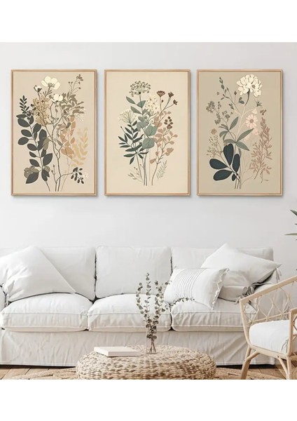 Mc Home Art Doğal Ahşap Çerçeveli Uv Baskı 3'lü Soyut Çiçek Desenli Tablo Seti – Modern & Şık Duvar Dekoru