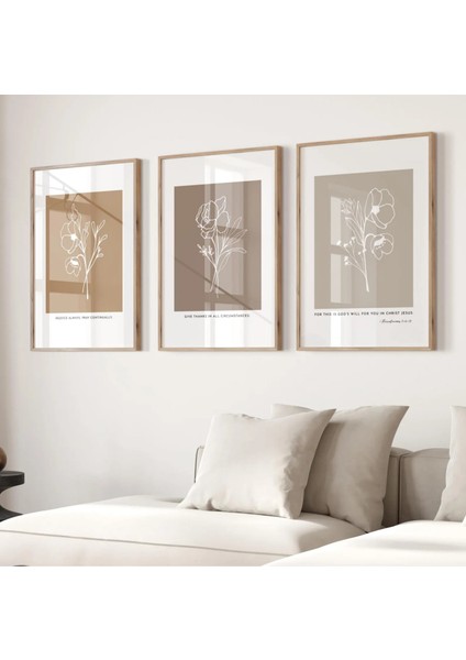 Mc Home Art Doğal Ahşap Çerçeveli Uv Baskı 3'lü Soyut Çiçek Desenli Tablo Seti – Modern & Şık Duvar Dekoru