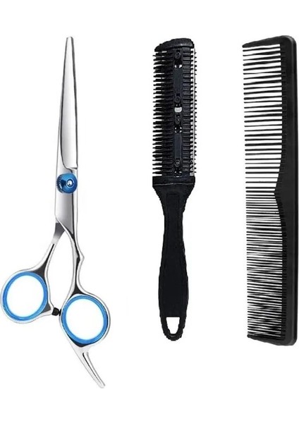 3 Parça Kuaför Saç Bıyık Makas Set, Düz Makas ve Tarak, 16 cm